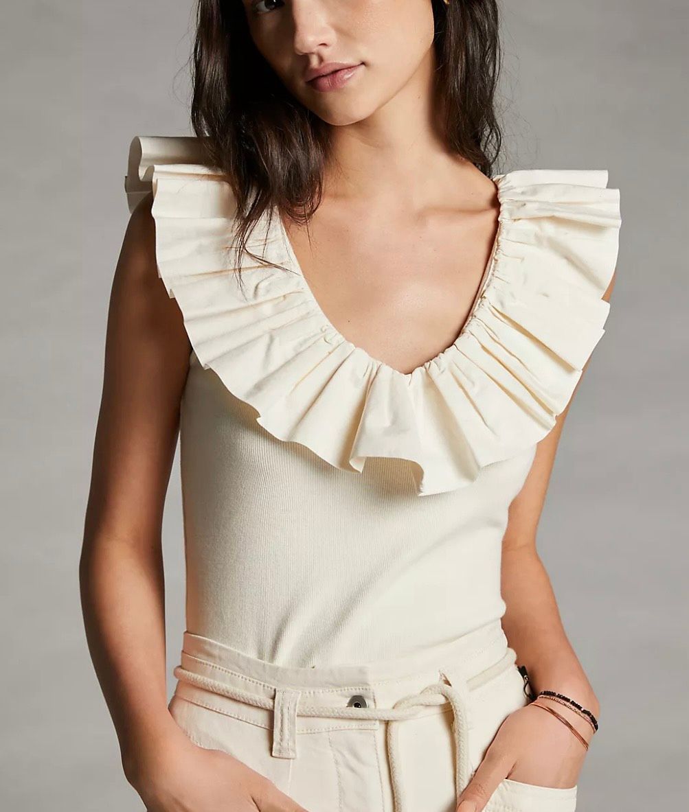Maeve By Anthropologie Romantic Cream Ruffle Collar Ribbed Tank Top L V-Neck